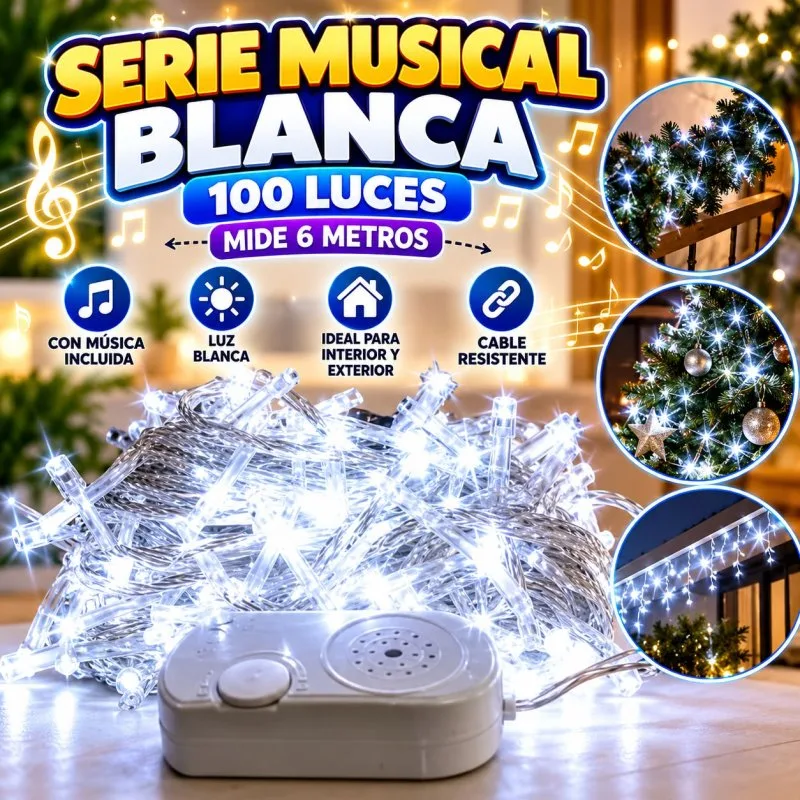 SERIE NAVIDEÑA MUSICAL BLANCA 100 FOCOS